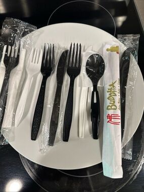 Lot Of 50 Plastic Disposable Take Out Silverware Spoons Forks Knifes Black White